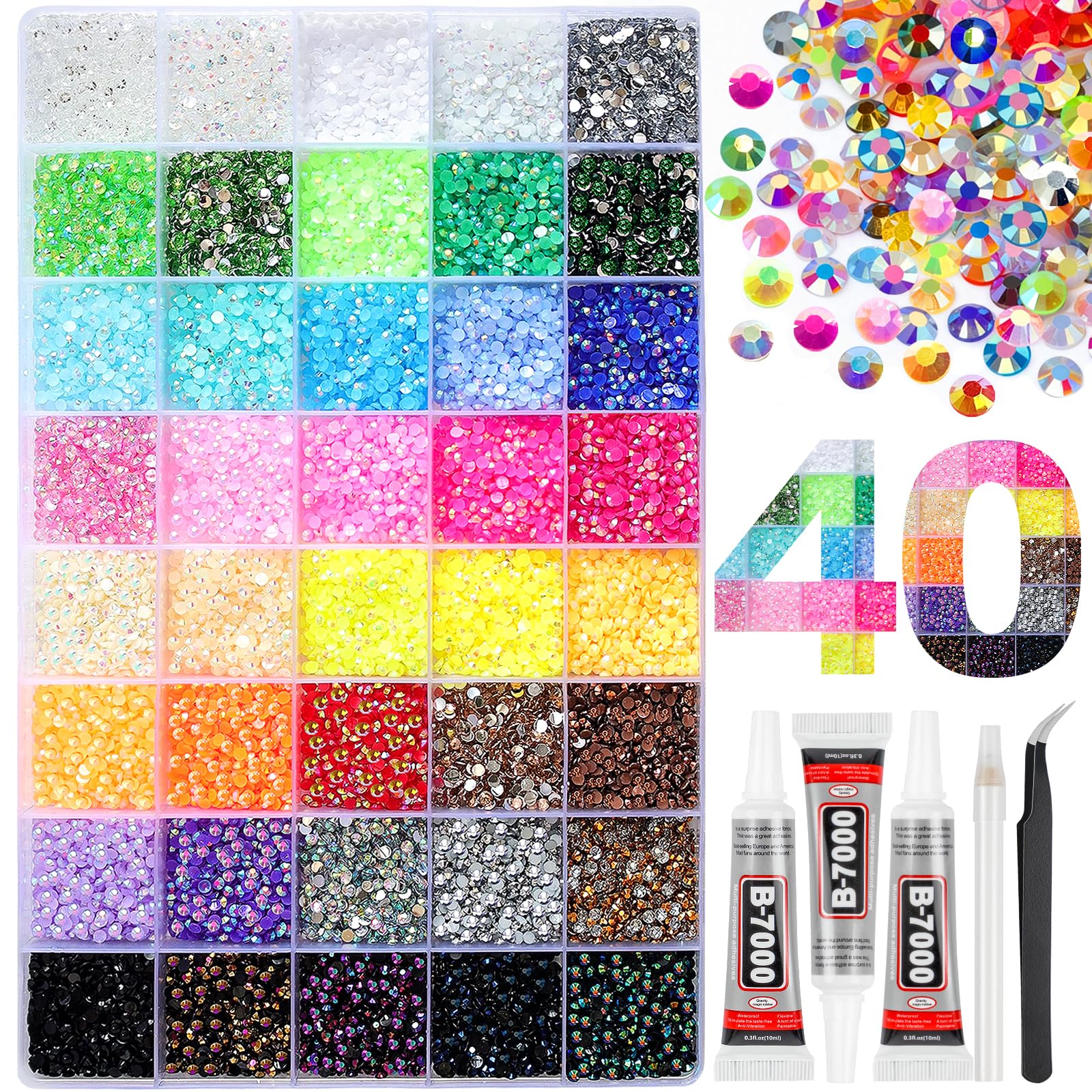 50000Pcs 40 Colors Resin Jelly Rhinestones for Bedazzling, 3mm Multicolor Flatback Gems for Crafting, Bedazzler Kit with 3Pcs 10ml B7000 Glue for Clothes Book Shoes Nails Art Makeup