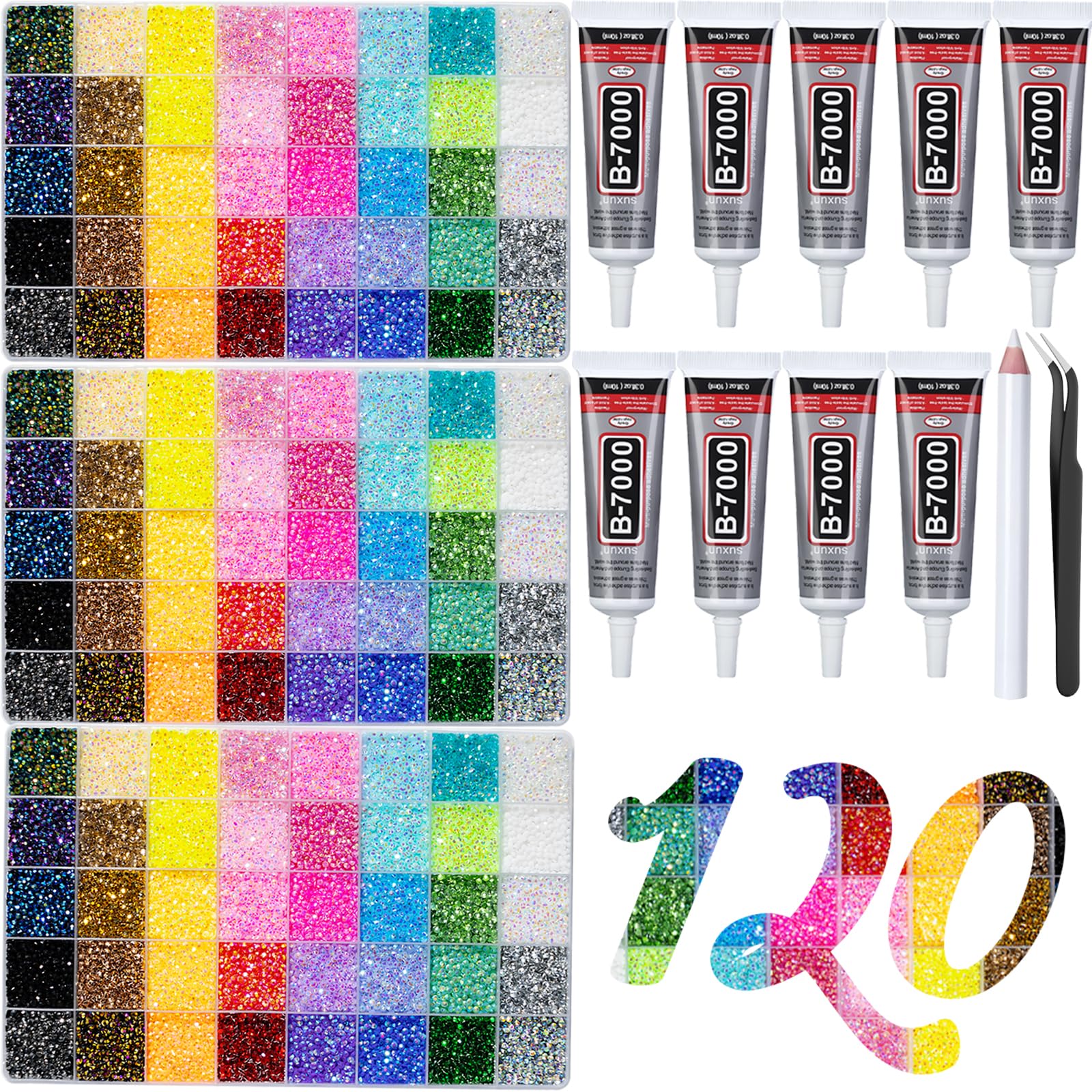 50000+Pcs Rhinestones for Bedazzling Kit 3mm Gems Bedazzler Set | 40 Colors Flat Back Resin Jelly Bedazzled Kits with 3Pcs 10ml B7000 Jewelry Glue for Book Diamond Nail Art, Multicolor