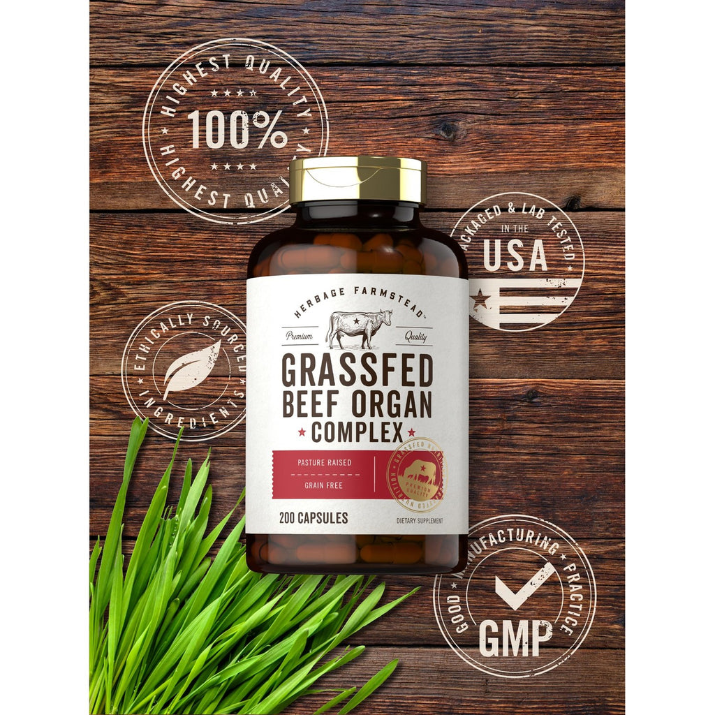 Carlyle Grass Fed Beef Organ Complex | 200 Capsules | Pasture Raised | Grain Free | with Desiccated Liver, Kidney, Pancreas, Heart, Spleen | Non-GMO, Gluten Free | by Herbage Farmstead