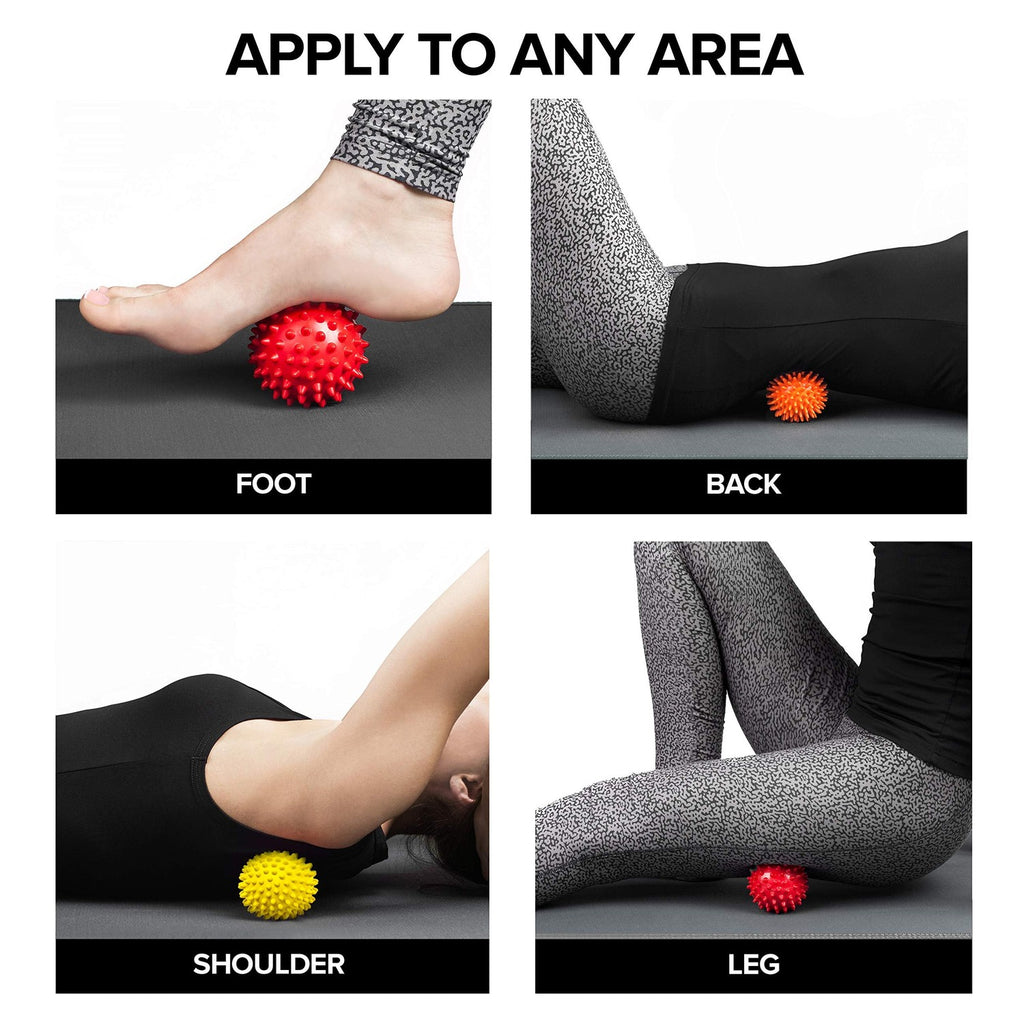Spiky Massage Balls for Feet, Back, Hands, Muscles - Firm, Medium and Soft Spiked Massager Rollers for Plantar Fasciitis, Exercise, Neuro-Balance, Physical Therapy, 3-inch