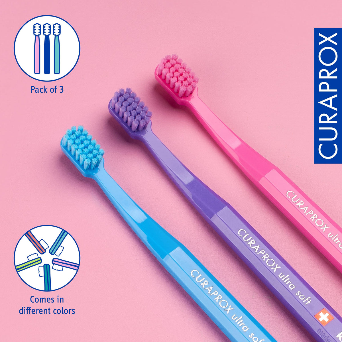 Curaprox Kids Ultra Soft Toothbrush, Random Colors, 3-Pack, Swiss Made