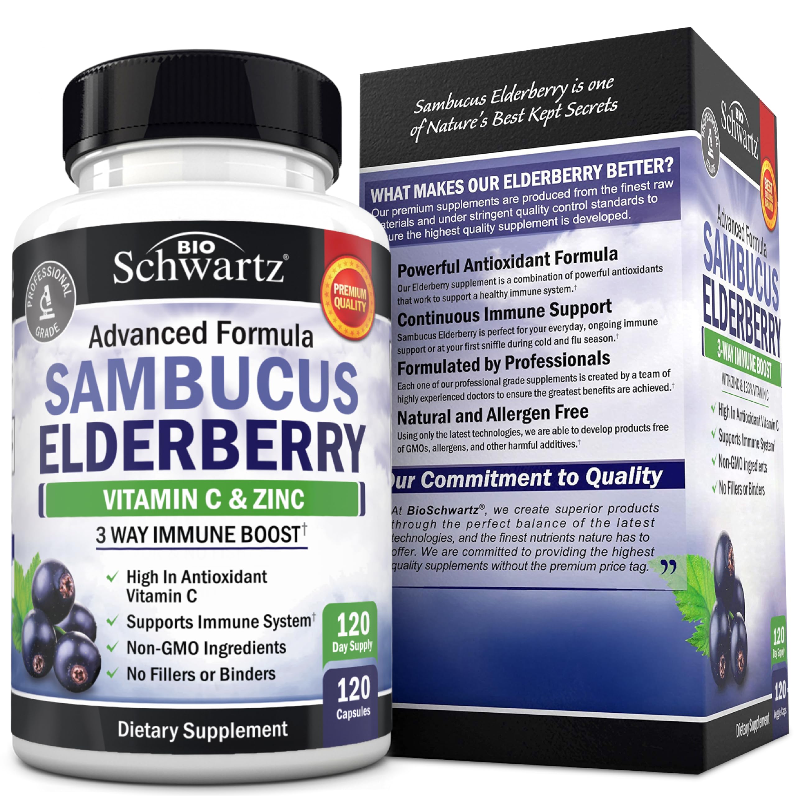 Elderberry Capsules with Zinc and Vitamin C for Adults, 120 Count | Immune Support Supplement for Women and Men, Black Sambucus Elderberry with Vitamin C and Zinc, Immune Defense Multiminerals
