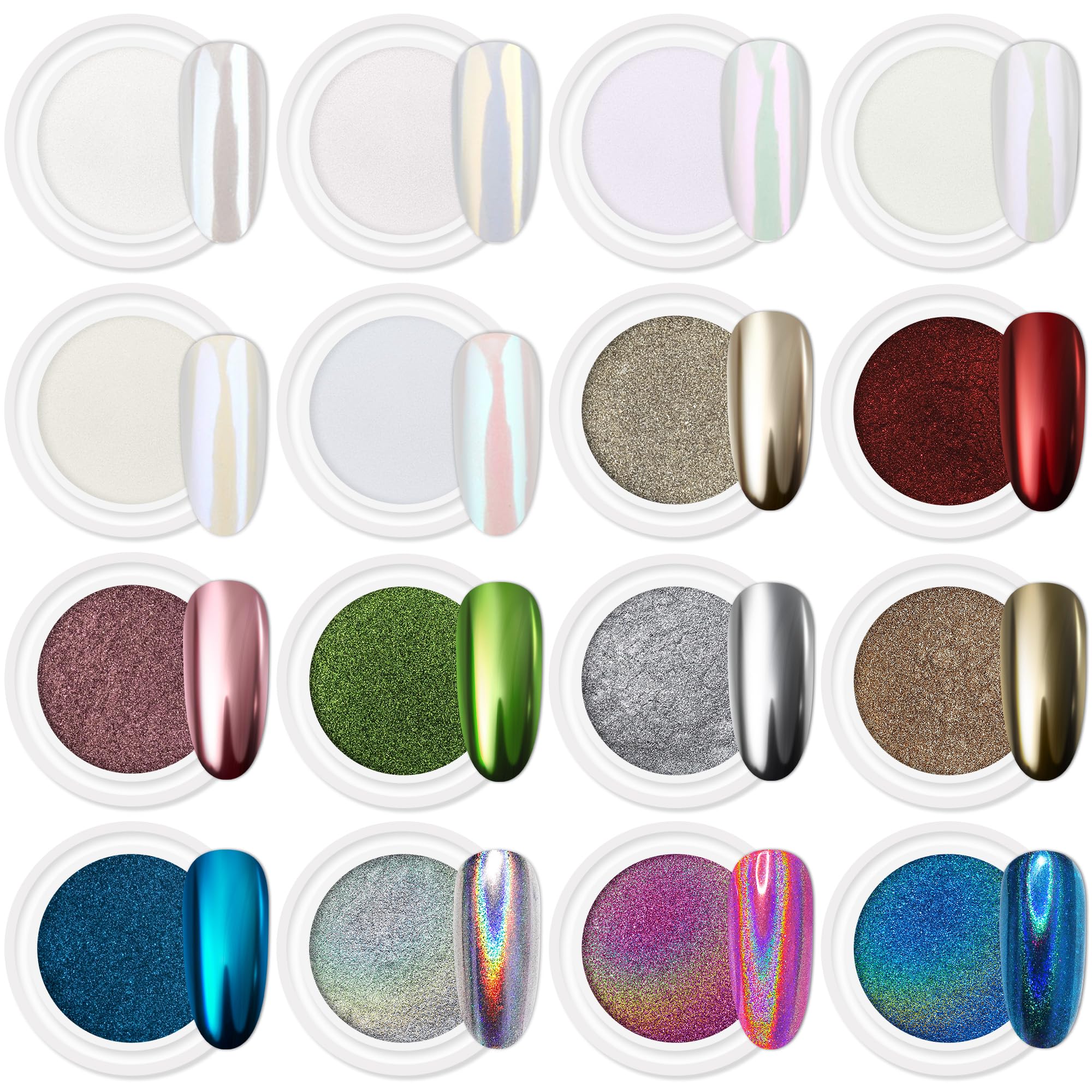 16 Jars Chrome Nail Powder Nail Art Fimo 1g/Jar White Pearl | Mirror Effect Silver Metallic Holographic Dip Nail Powder For Resin Craft Decoration Iridescent Aurora Mermaid Pigment