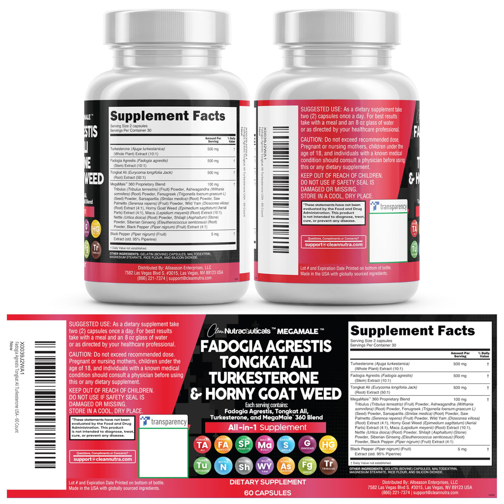 Clean Nutraceuticals Fadogia Agrestis Tongkat Ali Turkesterone Supplement with Horny Goat Weed, Saw Palmetto, Maca Root, Siberian Ginseng, Tribulus Terrestris, Fenugreek, Wild Yam - 60 Count