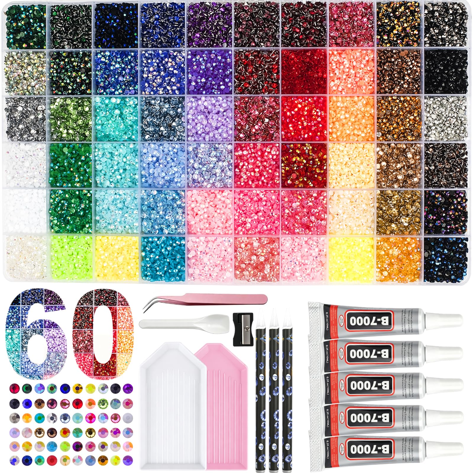 50000+Pcs Rhinestones for Bedazzling Kit 3mm Gems Bedazzler Set | 40 Colors Flat Back Resin Jelly Bedazzled Kits with 3Pcs 10ml B7000 Jewelry Glue for Book Diamond Nail Art, Multicolor