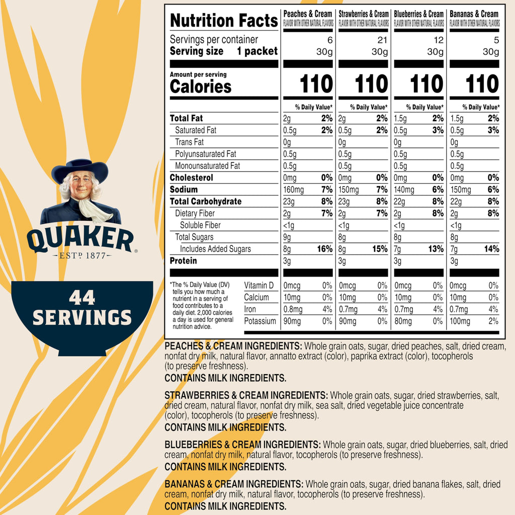 Buy now Quaker Instant Oatmeal Fruit & Cream Variety Pack, Single Serve Packets, (44 Pack) at indiglob india
