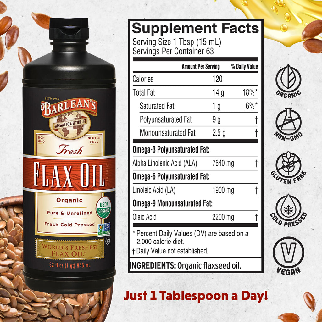 Barlean's Organic Flaxseed Oil, 7640mg ALA Omega-3, Cold-Pressed, 32oz | Fresh cold-pressed flax seeds, ALA omega 3-6-9, Vegan, Non-GMO, Gluten-free, Unrefined, 32 oz value size, Heart & skin