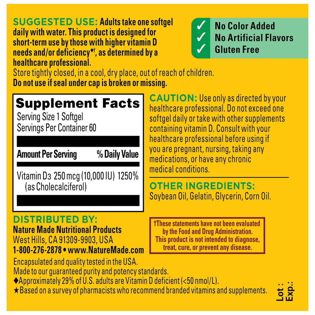 Nature Made Vitamin D3 10000 IU (250 mcg) Maximum Strength, 60 Softgels | Vitamin D Supplement for Immune, Bone, Teeth and Muscle Health Support, 60 Day Supply