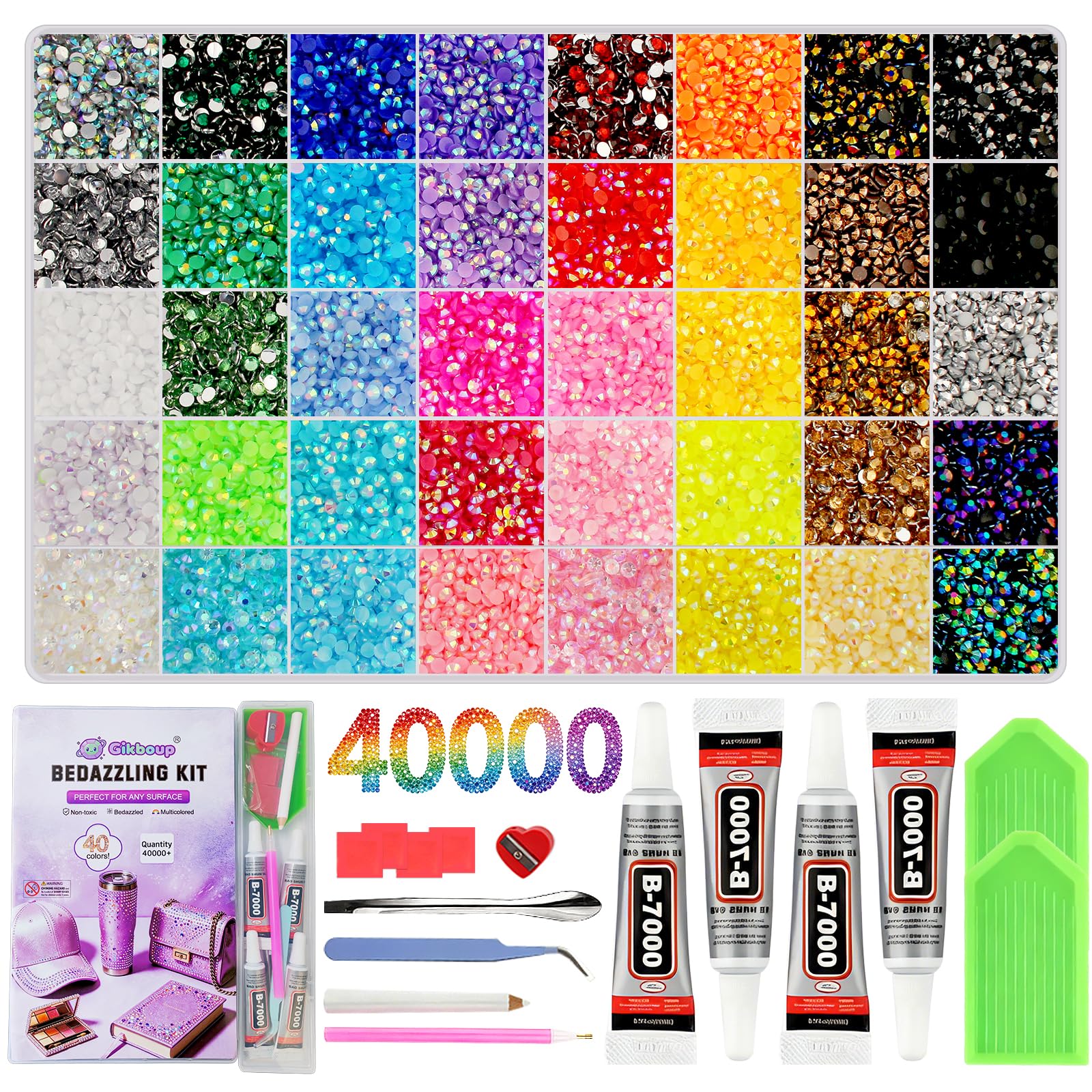 40,000-Piece Bedazzling Kit, 40 Colors, 3mm Jelly AB Resin Rhinestones | Flatback gems with 4 B-7000 glue tubes, 40-compartment box, tweezers and trays for tumblers, phone cases and DIY crafts.