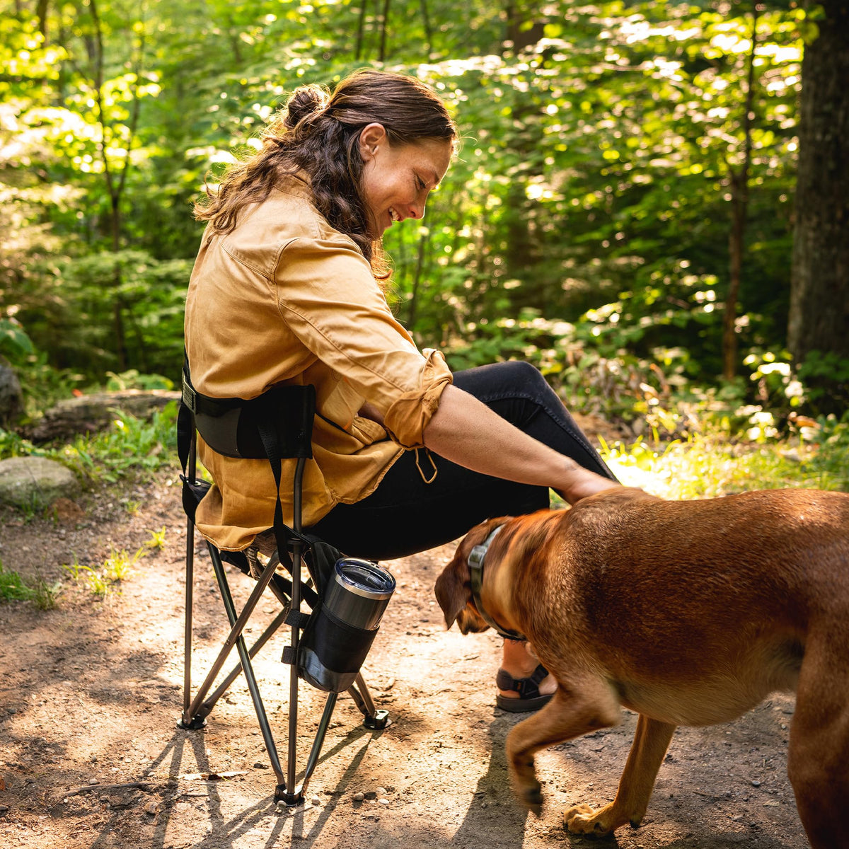 GCI Outdoor Quik-E-Seat | Portable, Folding Tripod Chair with Drink Holder and Padded Lumbar Support — Black
