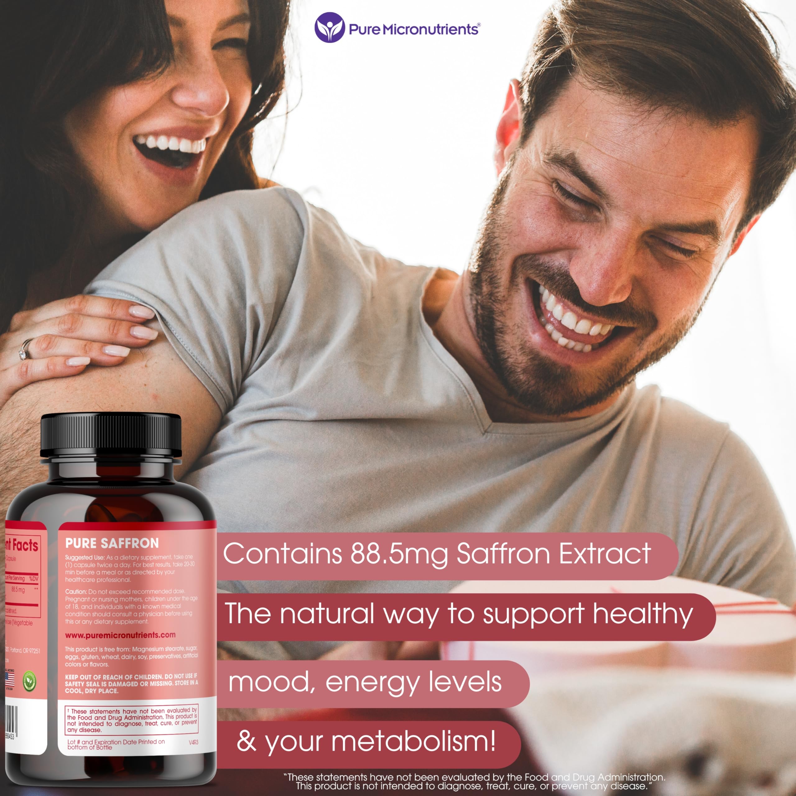 Saffron Supplement, 100% Pure Saffron Extract Capsules, Mood & Energy | Supports eye & heart health, positive mood & natural energy; 60 vegan capsules by Pure Micronutrients