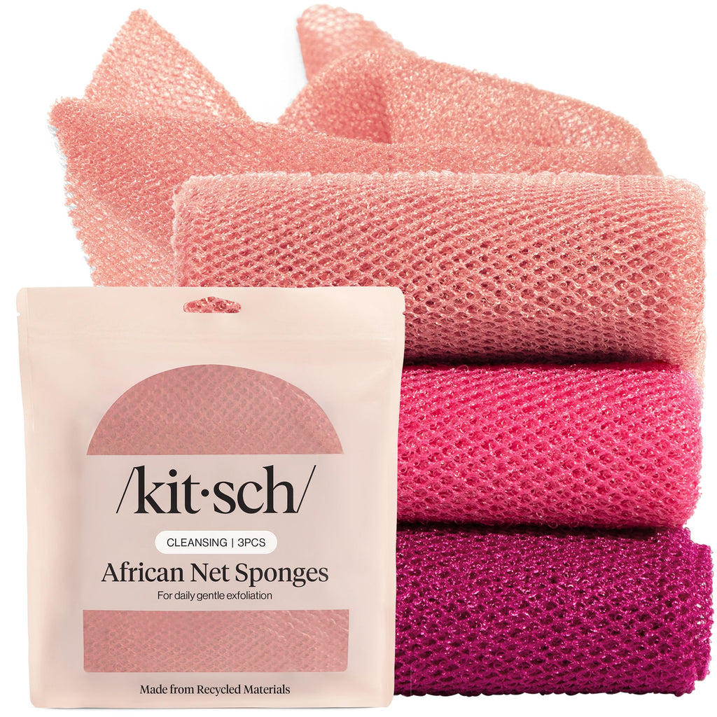 Kitsch African Net Sponge – Exfoliating Body Scrubber – Rosewood, 3 Pcs | for Cleansing & Gentle Daily Exfoliation – Stretchable Bath Sponge for Hard-to-Reach Areas – Long-Lasting Shower Essential