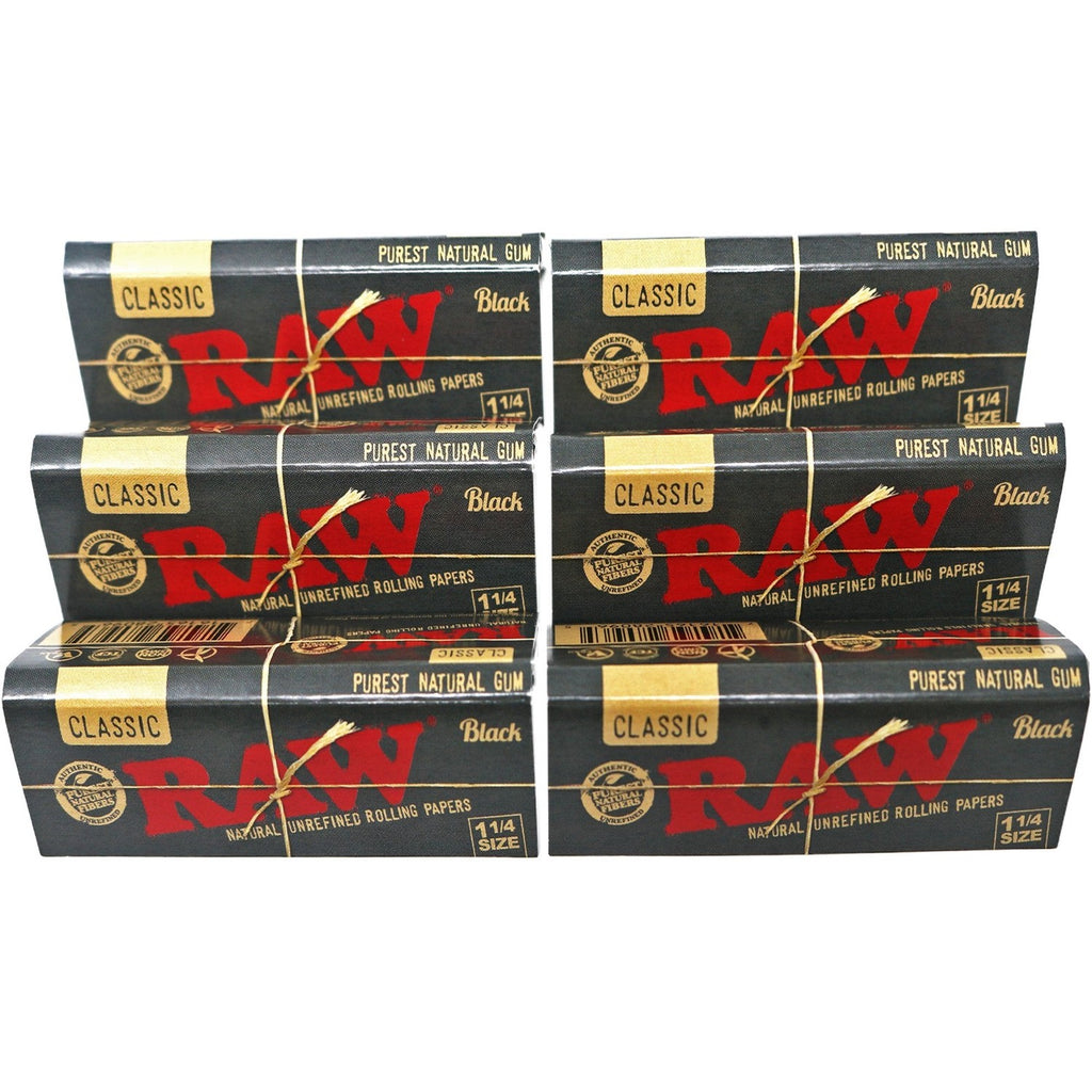 RAW Classic Black 1 1/4 Size Natural Unrefined Ultra Thin 79mm Rolling Papers (6 Packs)