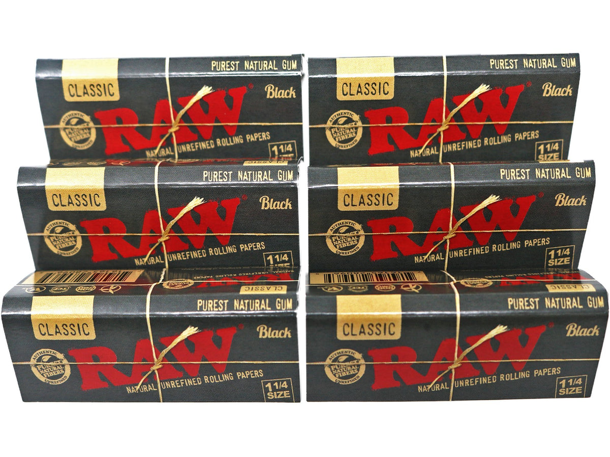 RAW Classic Black 1 1/4 Size Natural Unrefined Ultra Thin 79mm Rolling Papers (6 Packs)
