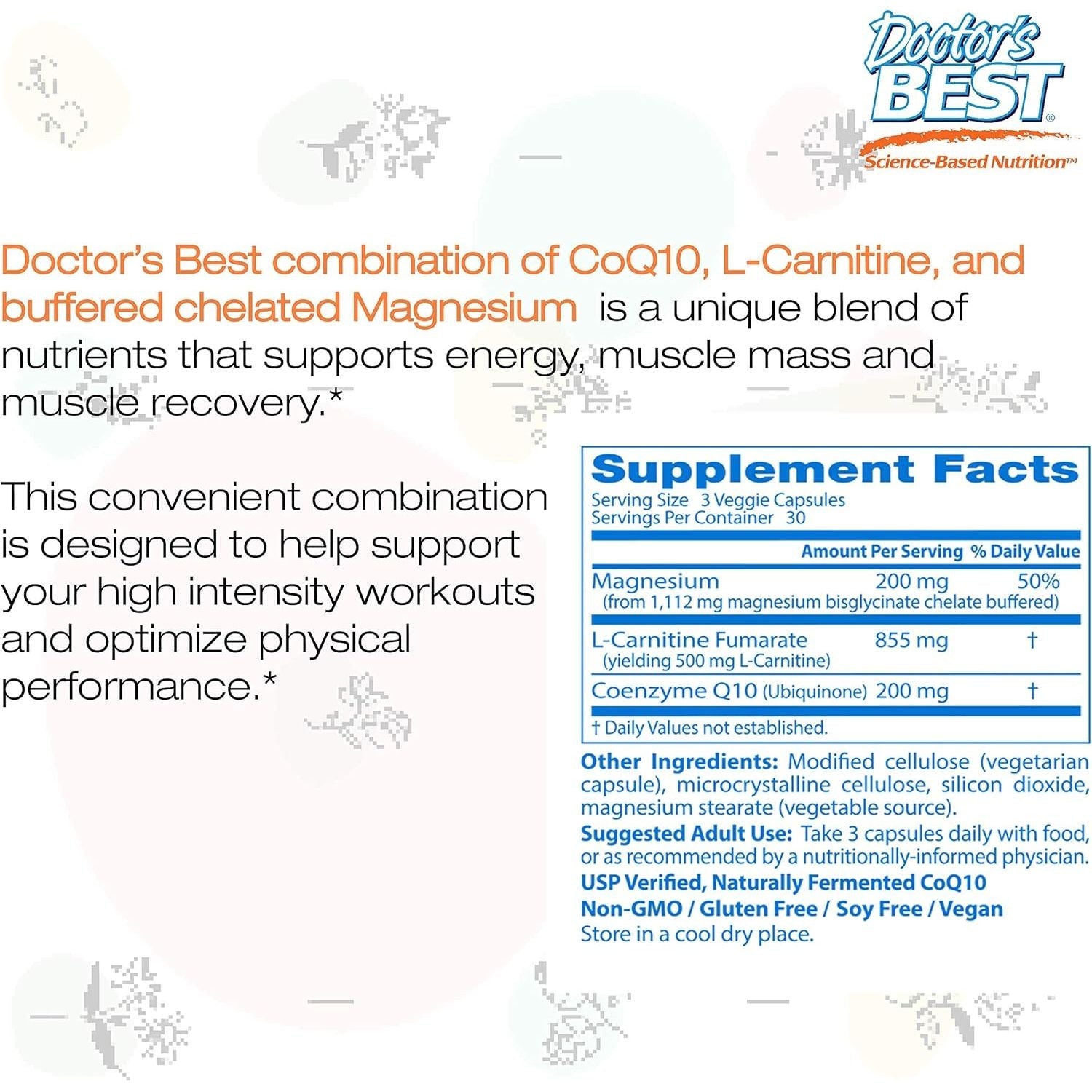 Buy now Doctor's Best Coq10/l-Carnitine/Magnesium Unique Blend, Supports Energy, Muscle Mass & Muscle Recovery, Veggie Caps, 90Count at indiglob india