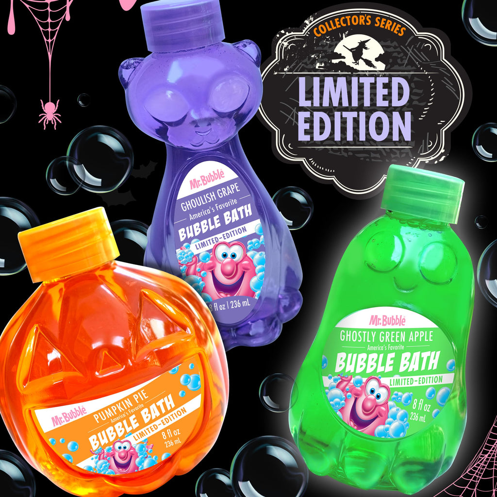 Mr. Bubble Halloween Bubble Bath 3-Pack – Ghost, Cat & Pumpkin Collectible Bottles – Green Apple, Grape & Pumpkin Pie Scents – Kids Bubble Bath Set, 8 oz Each