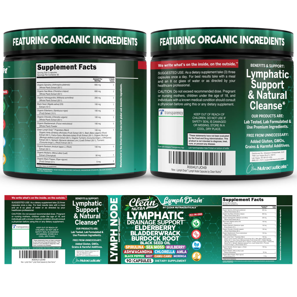 Organic Lymphatic Drainage Supplements | Elderberry Bladderwrack Burdock Root Black Seed Oil Spirulina Sea Moss Ashwagandha Chlorella Amla Beet Moringa Chlorophyll Lymph System Capsules By Clean Nutra