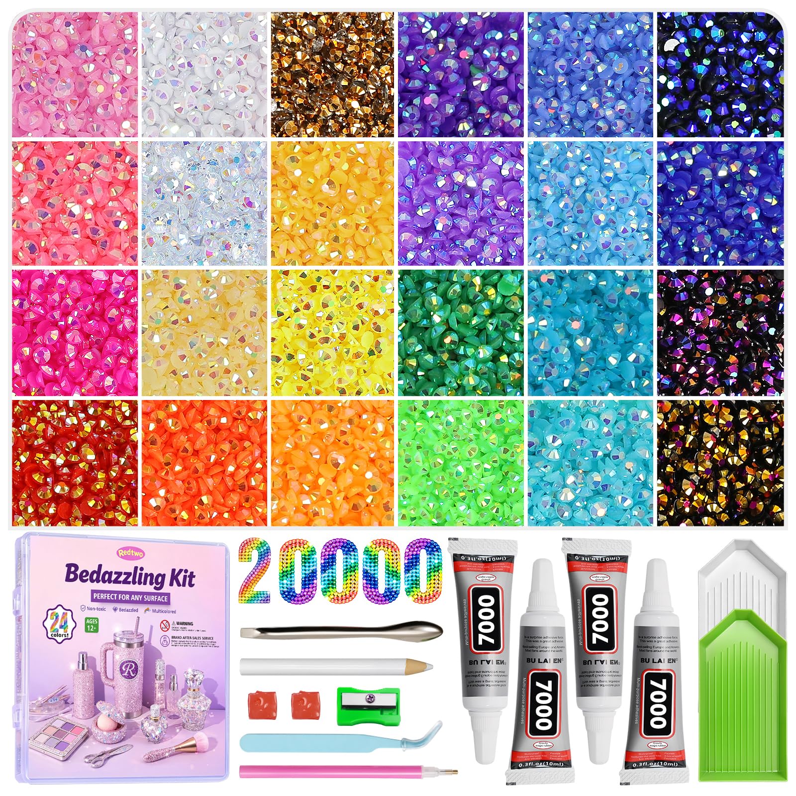Redtwo 4mm 20000Pcs Bedazzling Kit with Rhinestones | 24 Colors Flatback Rhinestones, 4Pcs 10ml Jewelry Glue and Tools for Clothes, Books, Shoes and Crafts