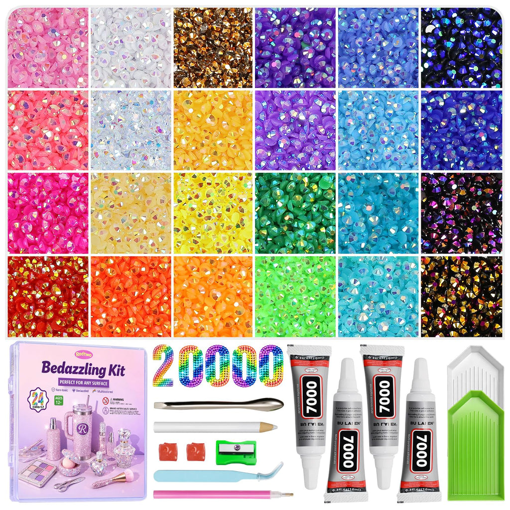 Redtwo 4mm 20000Pcs Bedazzling Kit with Rhinestones | 24 Colors Flatback Rhinestones, 4Pcs 10ml Jewelry Glue and Tools for Clothes, Books, Shoes and Crafts