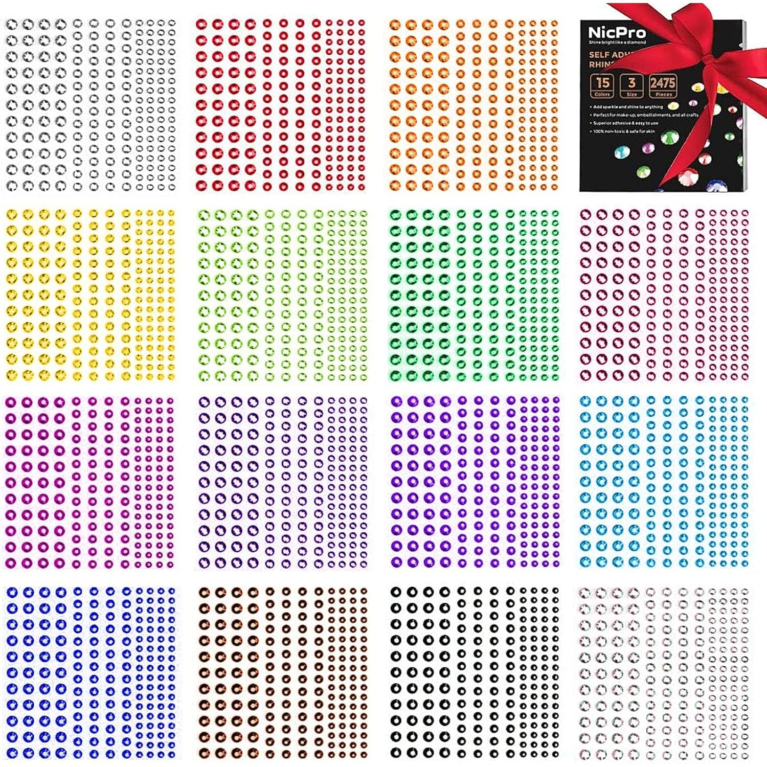 Buy now Rhinestone Stickers 4125 PCS, Nicpro Self Adhesive Gems Stick on Face Body Hair Makeup Festival, Bling Jewels in 3 Size 25 Colors,25 Embellishments Sheet for Decorations Crafts Nail Card 15 Sheet 15 Colors at indiglob india