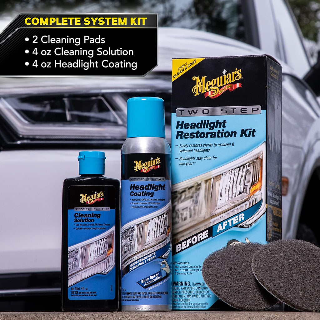 Buy now Meguiar's Two Step Headlight Restoration Kit, Headlight Cleaner Restores Clear Car Plastic and Protects from Re-Oxidation, Includes Headlight Coating and Cleaning Solution - 4 Count (1 Pack) at indiglob india