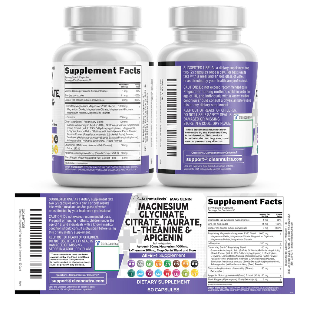 Clean Nutraceuticals Magnesium Glycinate Complex 1000mg with L-Theanine 200mg Apigenin 50mg Citrate Taurate Supplement (60 Count (Pack of 2))