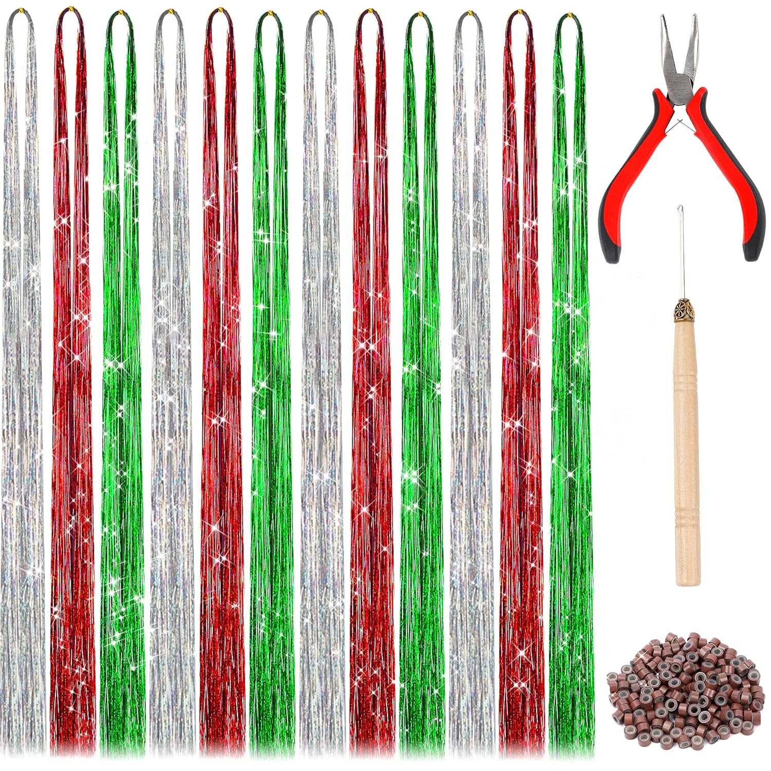 Buy now FEBSNOW 47 Inches Tinsel Hair Extension with Tool 12 Colors 2400 Strands Hair Extension Tinsel Kit Glitter Hair Extensions for Women Girls Hair Accessories for Christmas New Year Cosplay Party Multi 3 colors at indiglob india