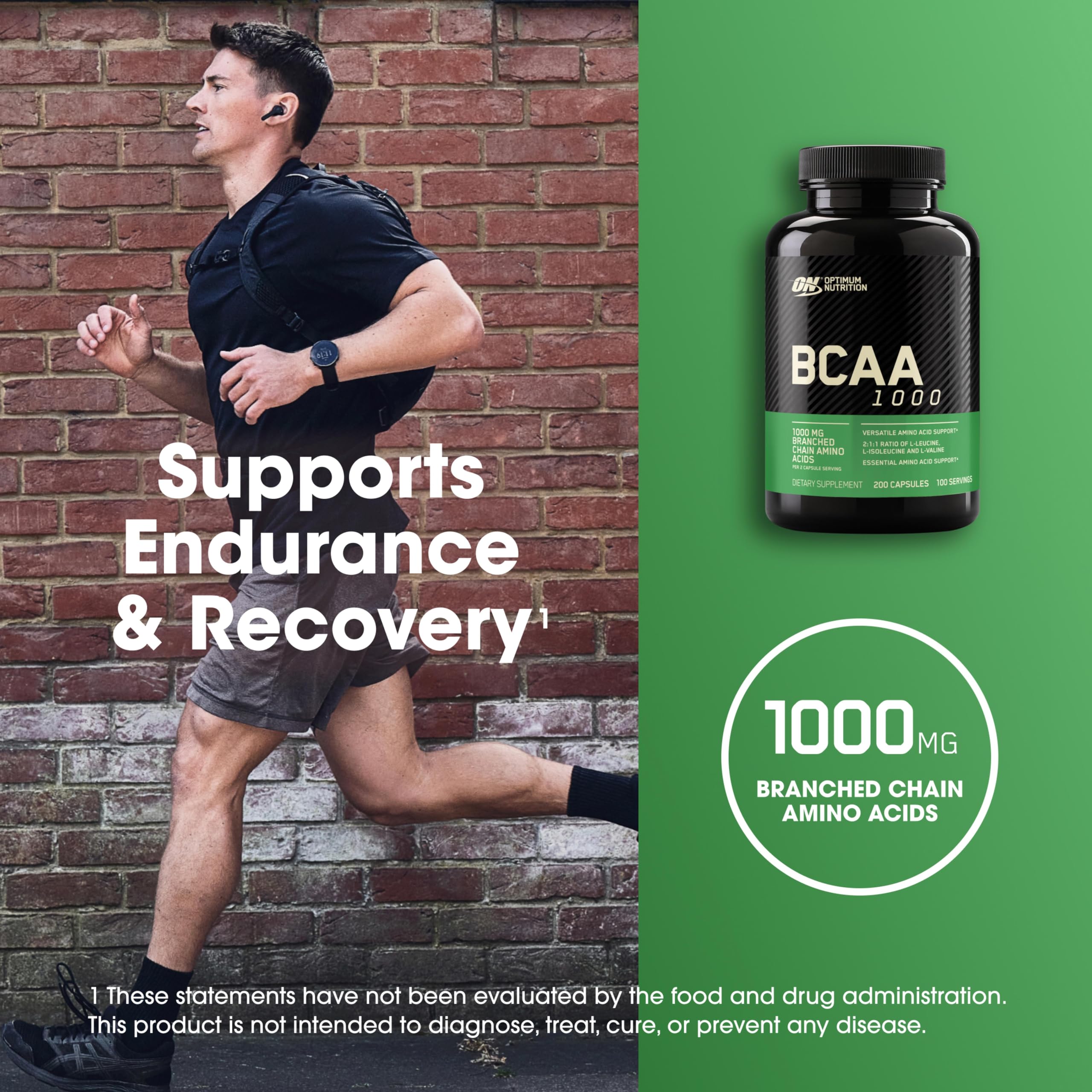 Optimum Nutrition BCAA Capsules, Keto Friendly, 1000mg, 200 Ct | Easy to Swallow Capsules, Branched Chain Amino Acid Support, 2:1:1 ratio of L-Leucine, L-Isoleucine and L-Valine per serving