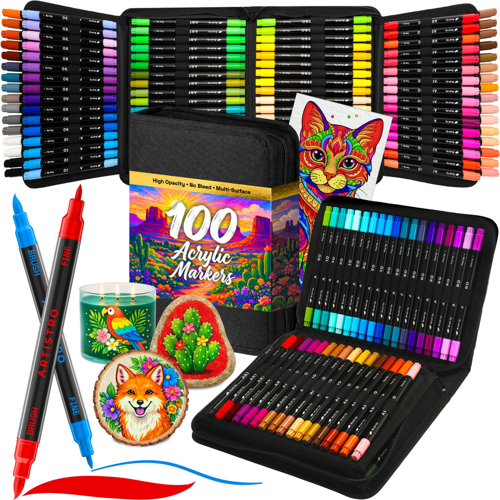 ARTISTRO 100 Dual-Tip Acrylic Paint Marker Pens with Storage Bag