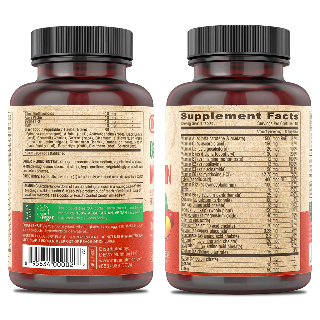 DEVA Vegan Multivitamin & Mineral Supplement with Iron 2-Pack, Spirulina, Chlorella, Ashwagandha, Broccoli & More, 90 Coated Tablets Each