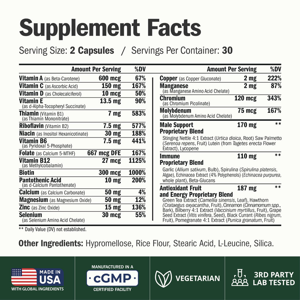 Vimerson Health Multivitamin for Men: Methylated B Vitamins, Chelated Minerals and Bioavailable D3 for Focus and Energy Support – Daily Mens Multivitamins and Multiminerals – 60 Capsules