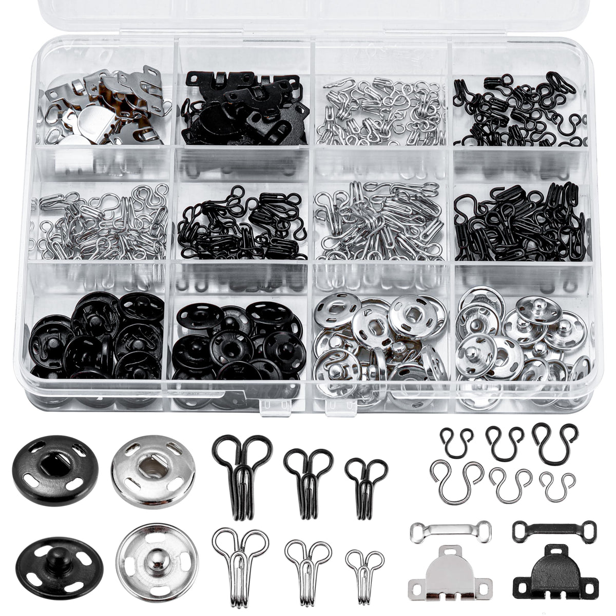 KOPOX 180PCS Hook and Eye Sewing Kit with Garment Buttons, Hook and Eye Closures, Fabric Snap Buttons, Garment Snap Buttons for Skirts Pants Dresses, Clothing and DIY Crafts