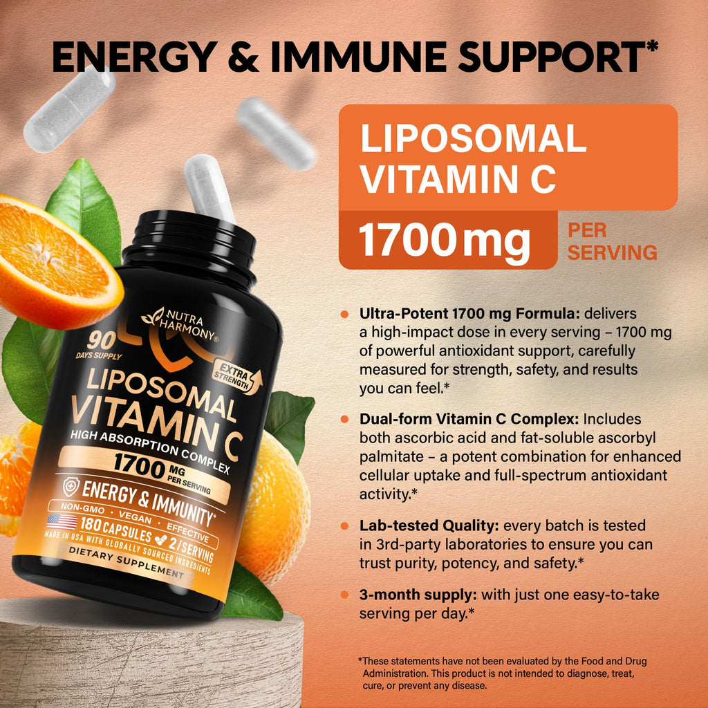 Liposomal Vitamin C 1700mg - High Absorption Vitamin C Supplement - 180Caps | Fat Soluble Complex - Antioxidant, Energy Boost & Immune Support for Men & Women - NON-GMO, SOY-Free & Gentle on Stomach