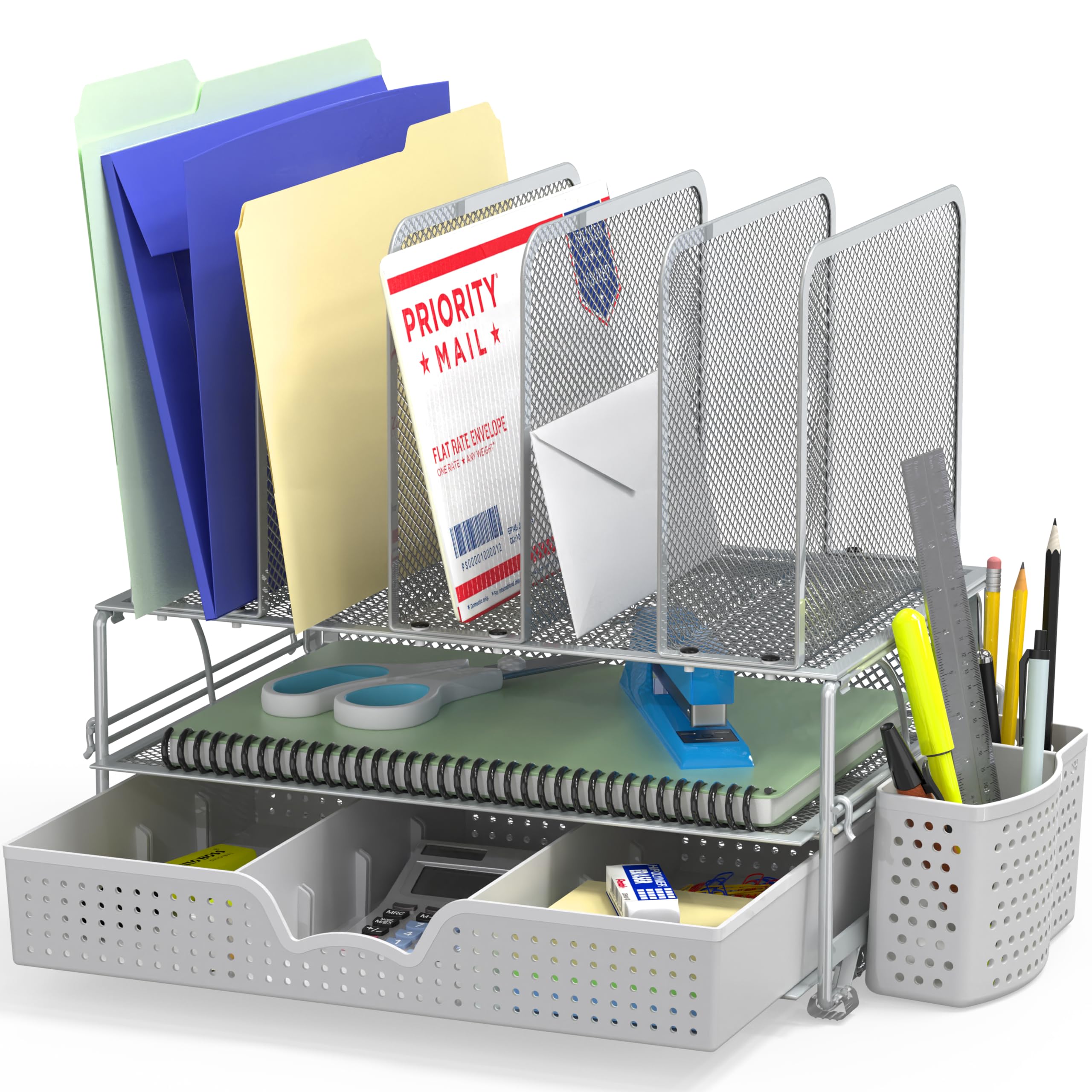 Buy now Simple Houseware Mesh Desk Organizer with Sliding Drawer, Double Tray and 5 Upright Sections, Copper Silver at indiglob india