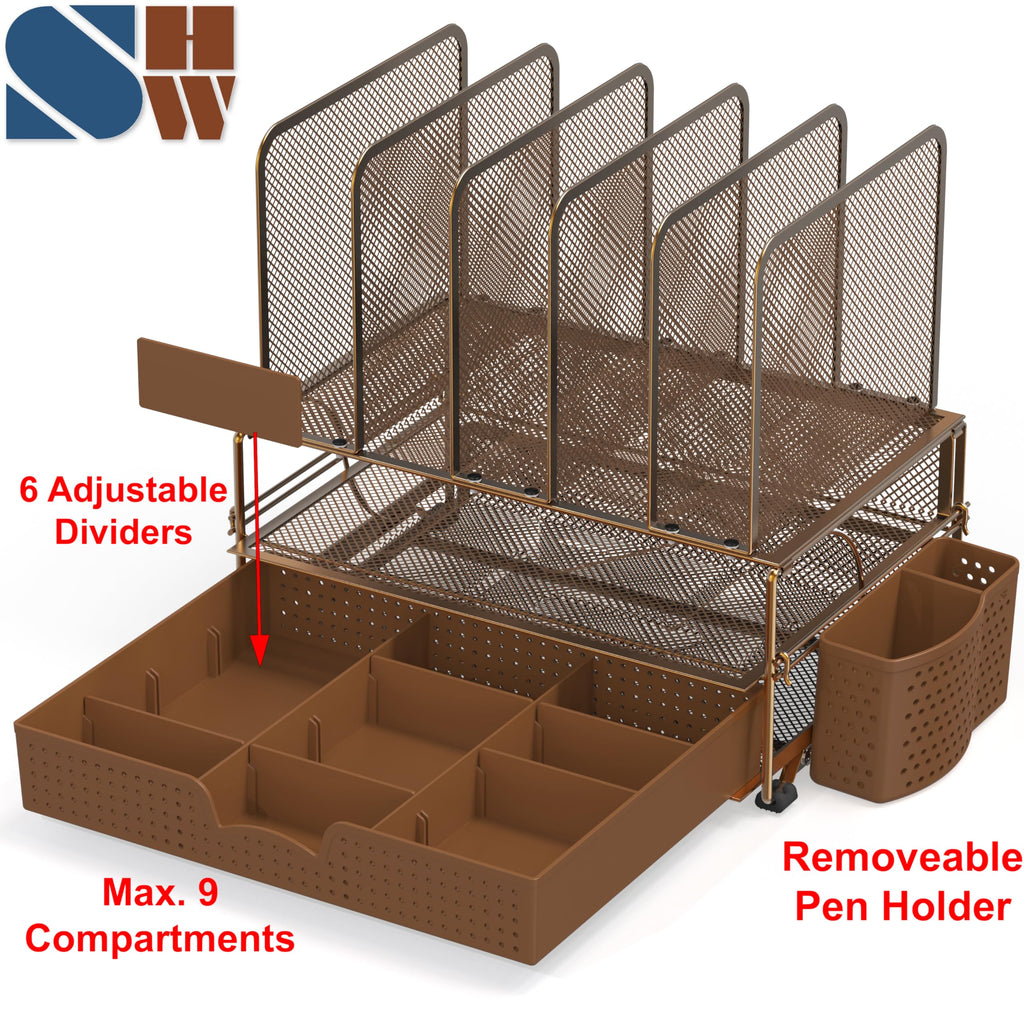 Buy now Simple Houseware Mesh Desk Organizer with Sliding Drawer, Double Tray and 5 Upright Sections, Copper at indiglob india