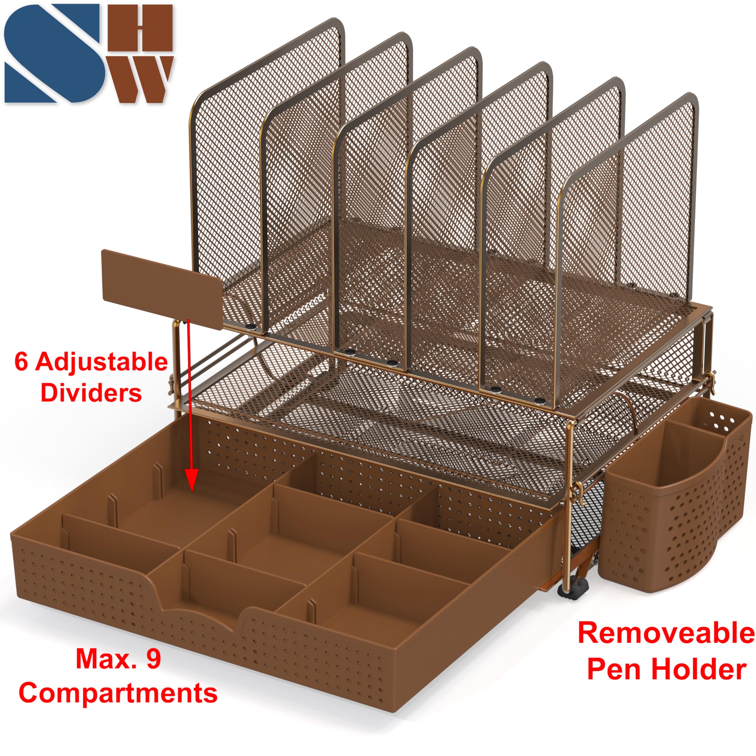 Buy now Simple Houseware Mesh Desk Organizer with Sliding Drawer, Double Tray and 5 Upright Sections, Copper at indiglob india