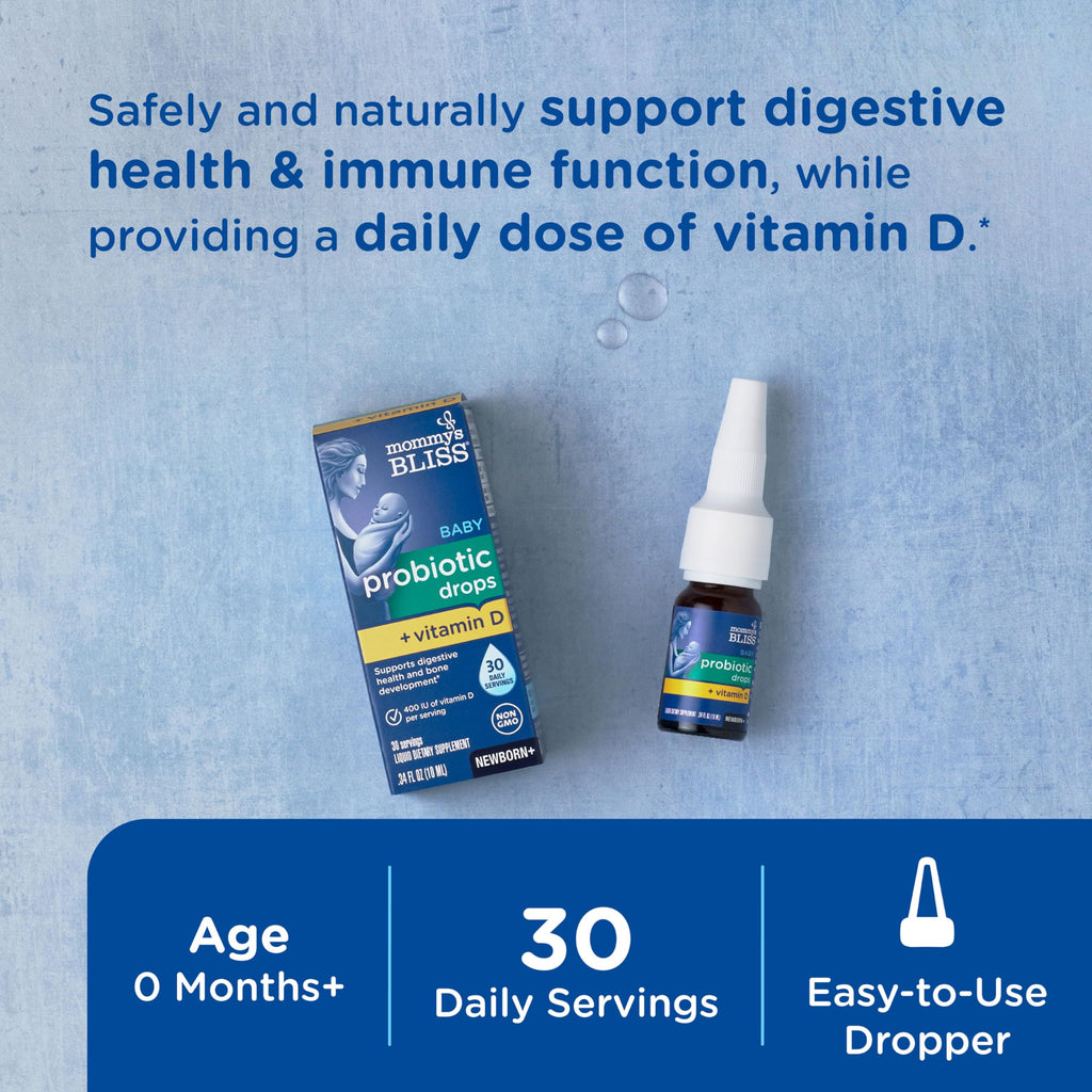 Mommy's Bliss Baby Probiotics + Vitamin D Drops, Supports Digestive Health & Immune Function*, 400IU Vitamin D , Supports Bone Development*, Newborns+, Flavorless, 0.34 Fl Oz (30 Servings)