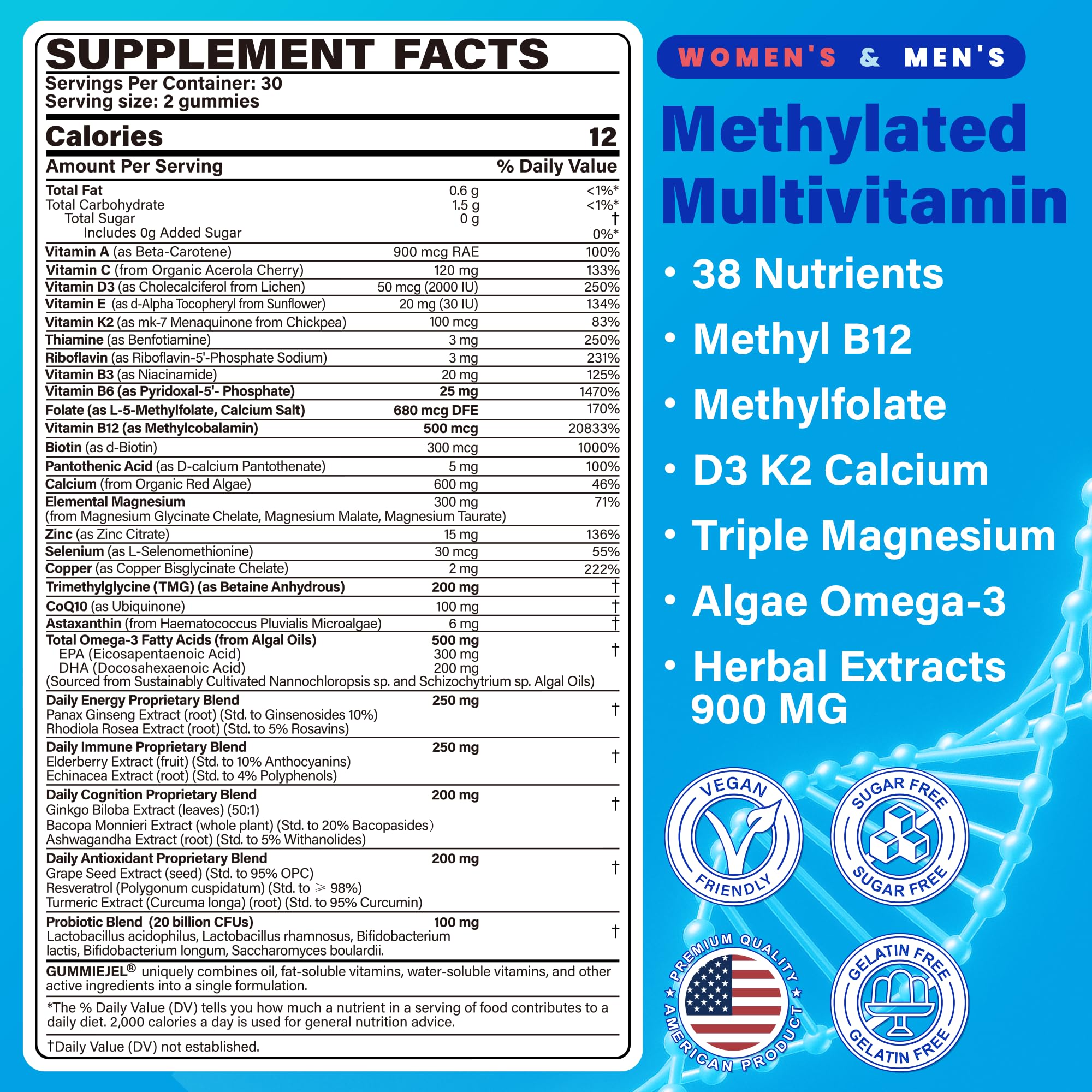 Methylated Multivitamin for Women & Men Gummies w/ Omega-3, Calcium, D3 K2, Methylfolate & B12, TMG, Daily Vitamins, Mag, CoQ10, Probiotic for 18 30 40 50 60 70+, Overall Health - Vegan, Sugar Free