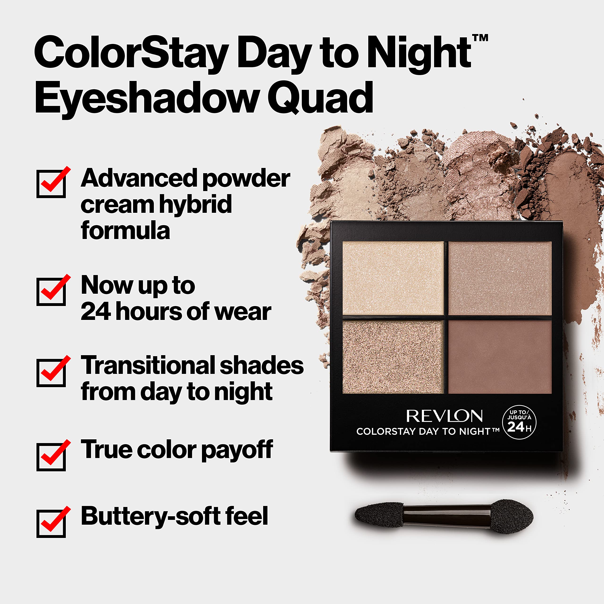 Revlon ColorStay Day to Night Eyeshadow Quad, 555 Moonlit, 0.16 oz | Longwear eyeshadow quad with velvety, blendable matte & shimmer shades. Crease & smudge proof. Up to 24hr wear.