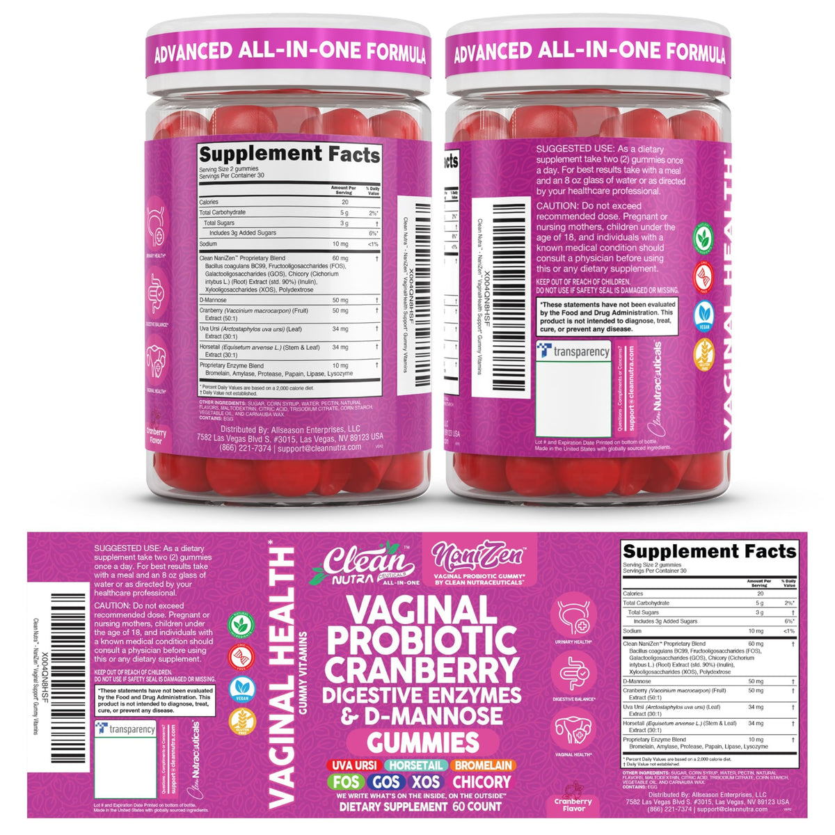 Clean Nutra Vaginal Probiotic Gummies for Women Cranberry Digestive Enzymes D Mannose Womens Probiotic Dmannose Horsetail Bromelain Chicory Fiber Feminine Care Prebiotics Inulin Papaya Enzyme Gummy