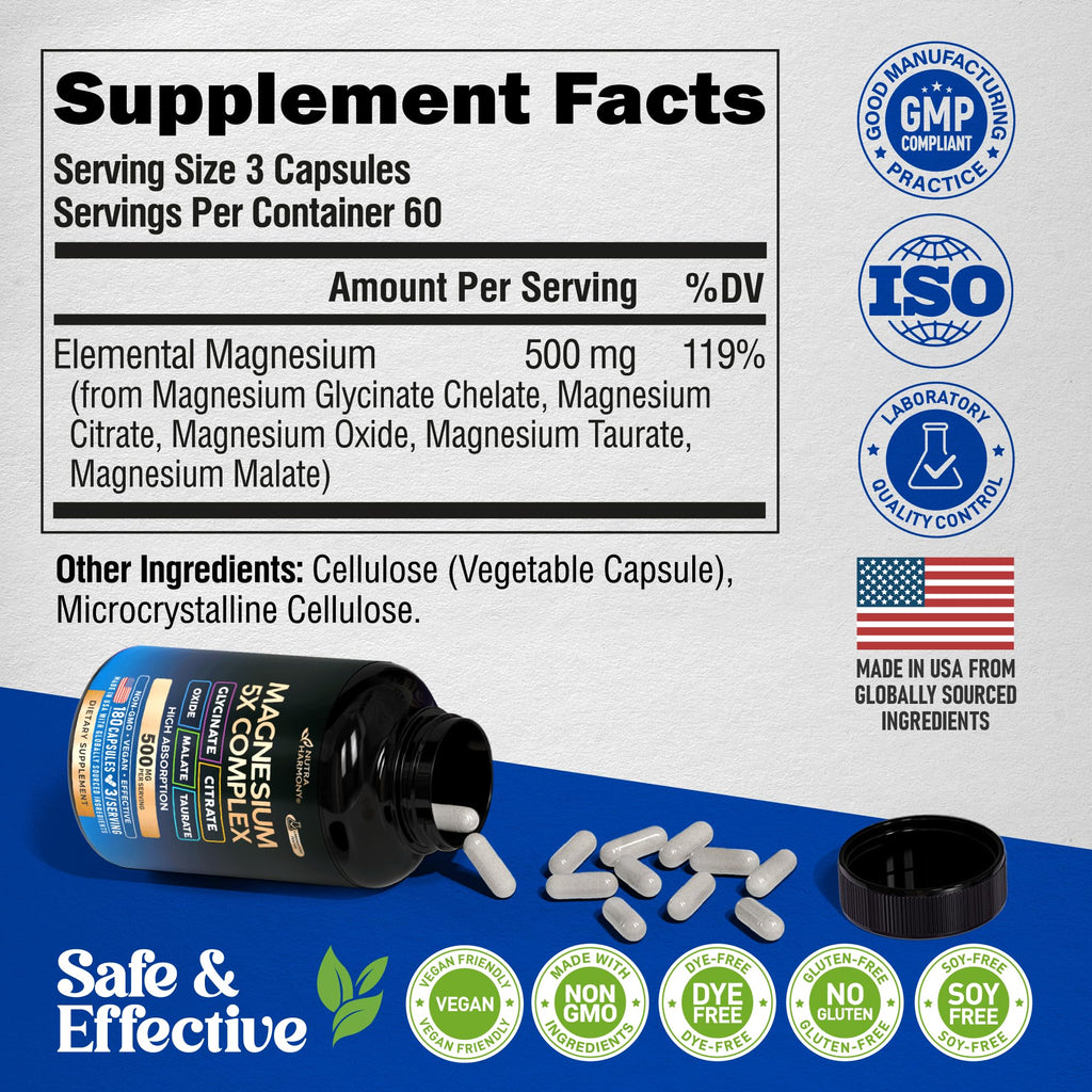 Magnesium Complex - Glycinate, Citrate, Malate, Taurate, Oxide - 180 Caps | 5-in-1 Magnesium Supplement 500 mg - for Women & Men - Stress, Muscle & Heart Support - Laboratory Tested - Vegan, Non-GMO