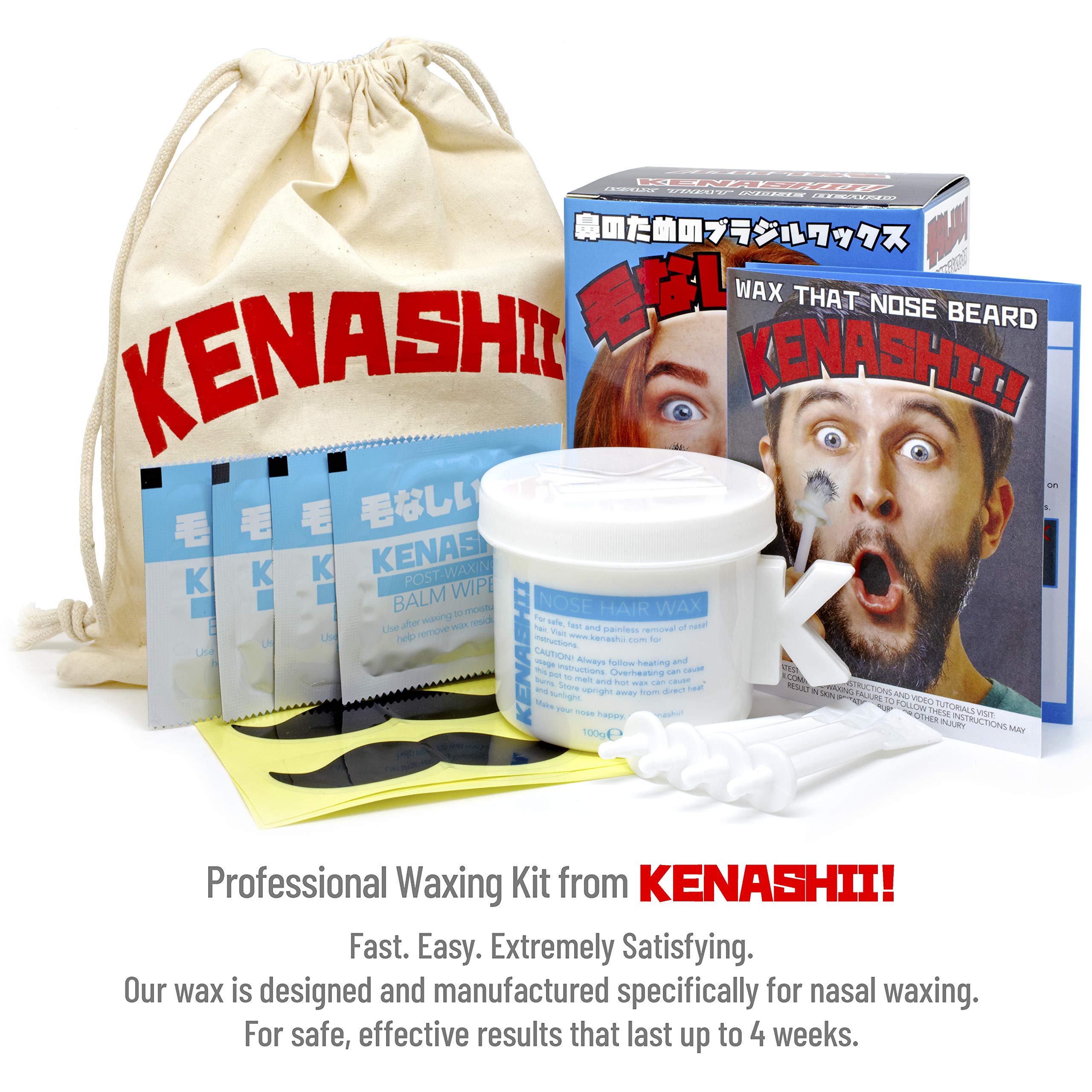 KENASHII Nose Wax Kit | 100 g Wax, 24 Applicators | The Original & Best Nose and Ear Hair Removal Kit from Kenashii | Nasal Waxing For Men and Women | Includes Balm Wipes, Mustache Guards, Storage Bag