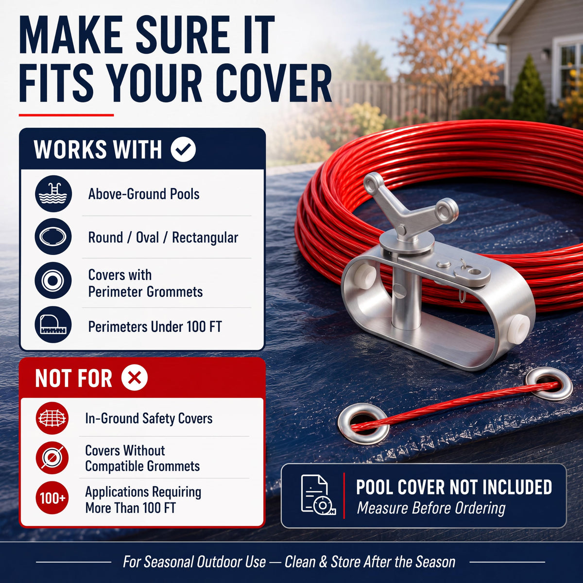 Pool Cover Cable and Winch Kit, 100 ft for Above-Ground Pool Covers