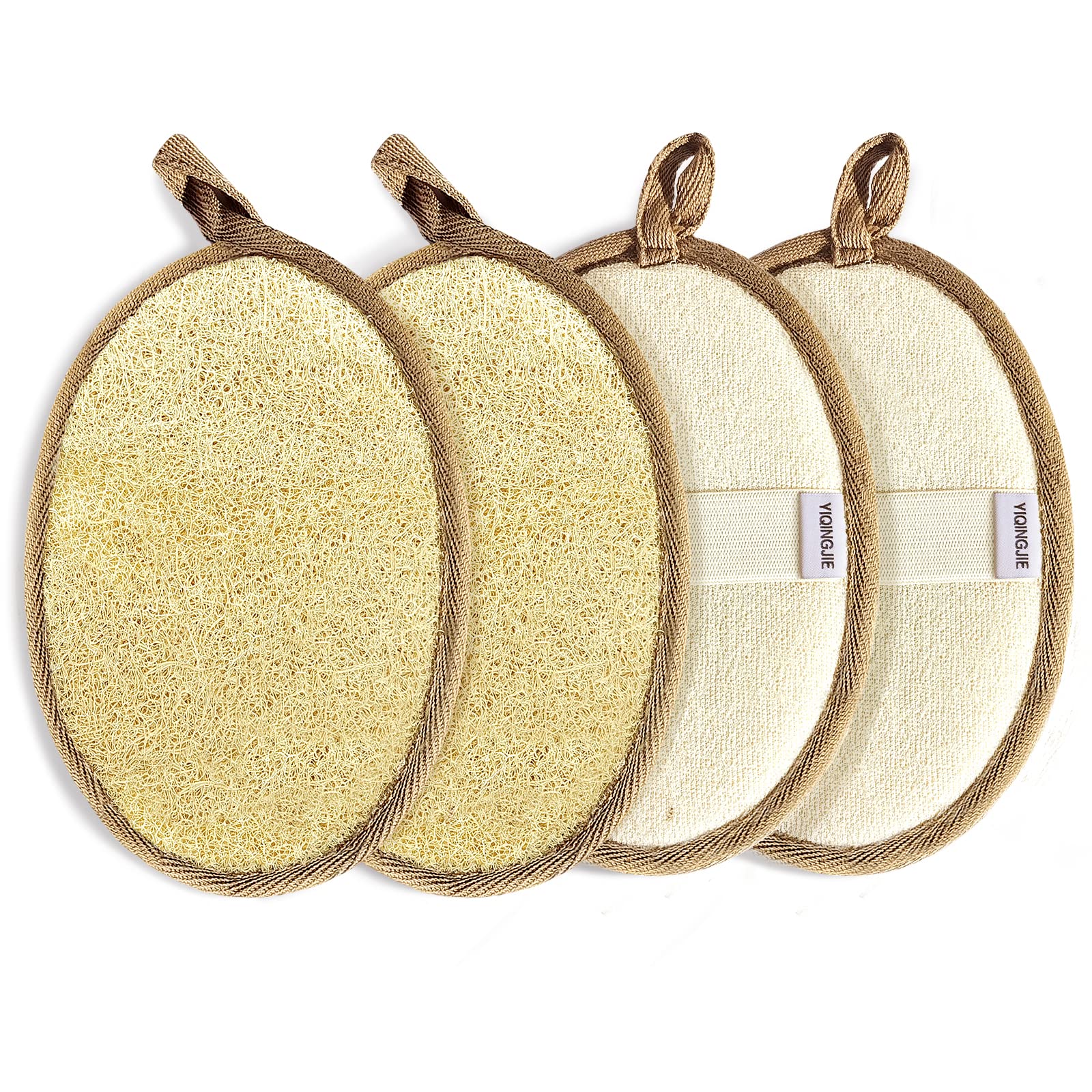 YIQINGJIE Natural Loofah Exfoliating Body Scrubber,4 Pack,Brown | Shower Loofah for Women and Men,Made with Eco-Friendly and Biodegradable Soft Shower Luffa Sponge