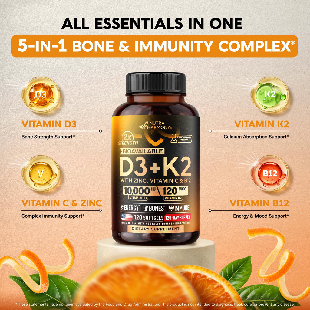 Vitamin D3 K2 - D3 10000iu & K2 120mcg - Highly Bioavailable - 120Softgels | Vitamin D3K2 + Zinc, Vitamin C & B12 - Immune & Mood Support, for Bone & Teeth Health For Men & Women - 120-Day Supply