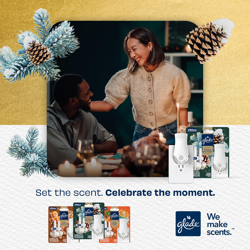 Glade PlugIns Starter Kit, Air Freshener, Twinkling Pine & Cedar, 1.34 fl oz, 1 Warmer + 2 Refills