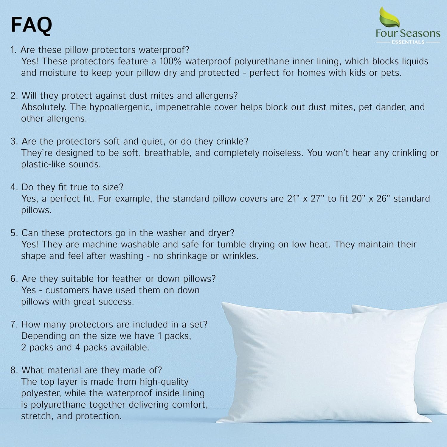 Buy now Four Seasons Essentials Waterproof King Pillow Protectors (Set of 2) – Zippered Pillow Cover Hypoallergenic Dust Allergy Proof Encasement at indiglob india