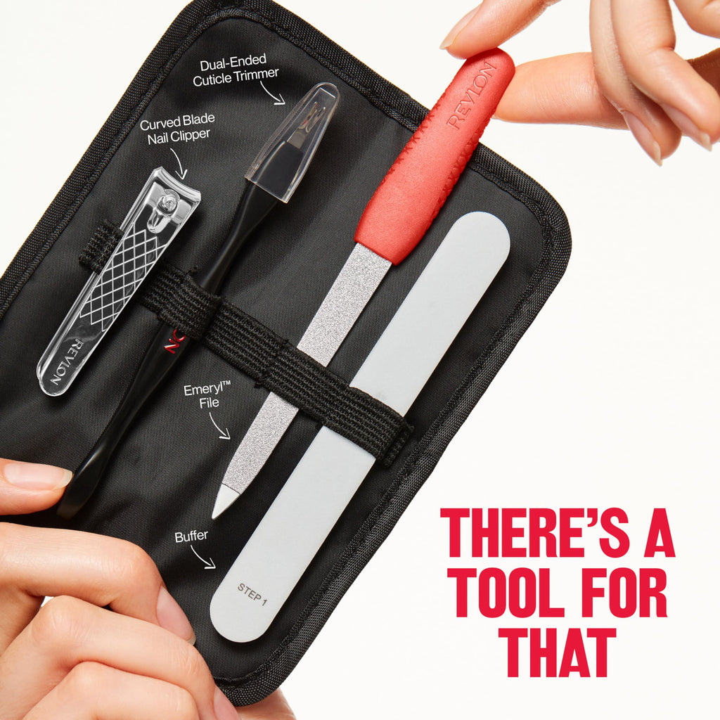 Buy now Revlon Manicure Essentials Kit with Travel Case, Nail Care Set with Dual Ended Cuticle Trimmer, Curved Blade Clippers, Compact Emeryl File & Buffer (Pack of 1) at indiglob india