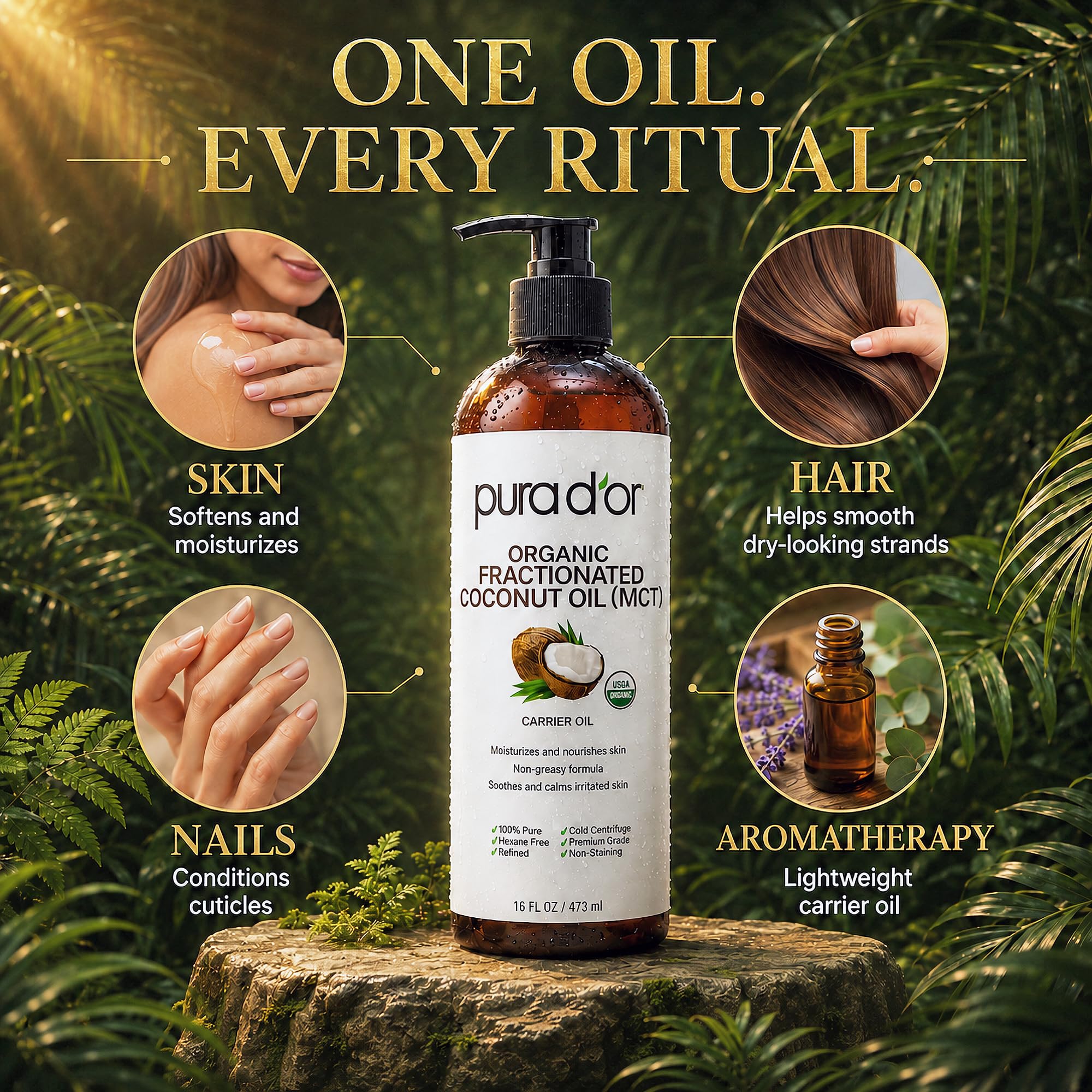 PURA D'OR ORGANIC Fractionated Coconut Oil MCT Skin Hair Massage, 16oz