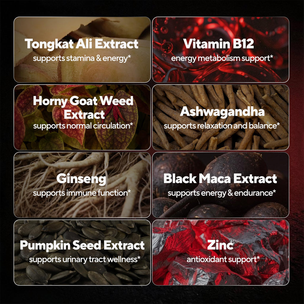 Men Supplements 20 in 1 - Male Supplements with Tongkat Ali, Black Maca Root for Men, Zinc, Vitamin B12, Astragalus for Normal Energy Support - 90 Vegan Caps